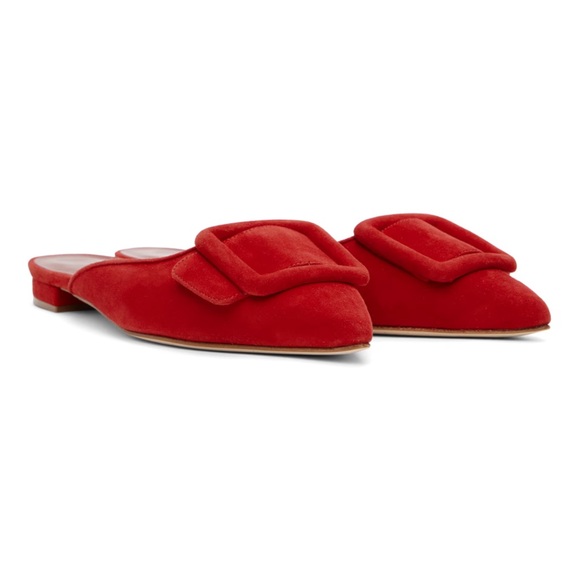 New Manolo Blahnik Maysale Red Suede Buckle Flat Size 38 / 8 US - Picture 7 of 7